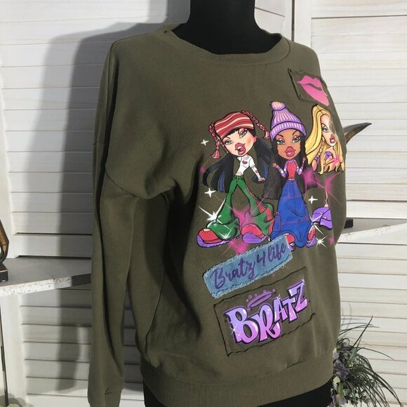 Vintage Y2K Bratz cotton oversized sweatshirt hunter green pink patchwork Sz XS - Picture 5 of 9
